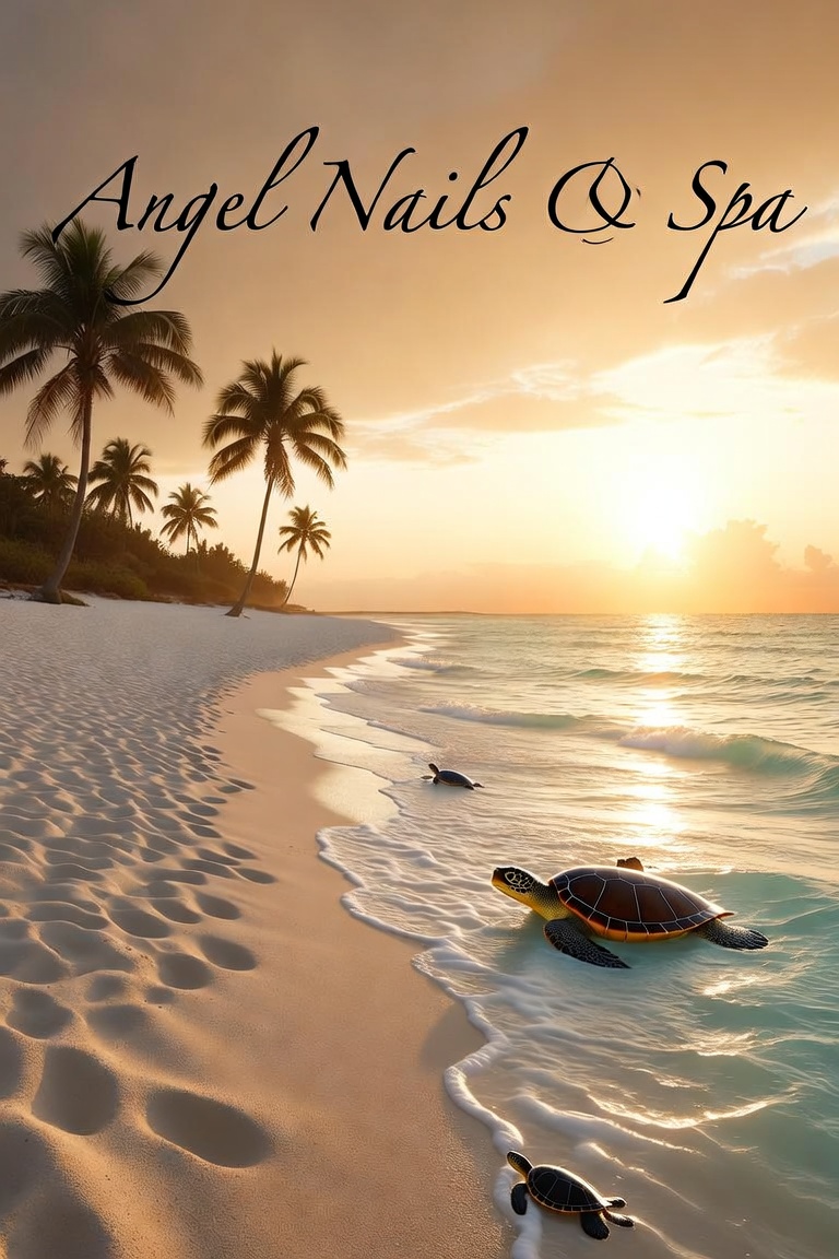 Angel Nails & Spa: sunset beach on Marco Island with palm trees and sea turtles