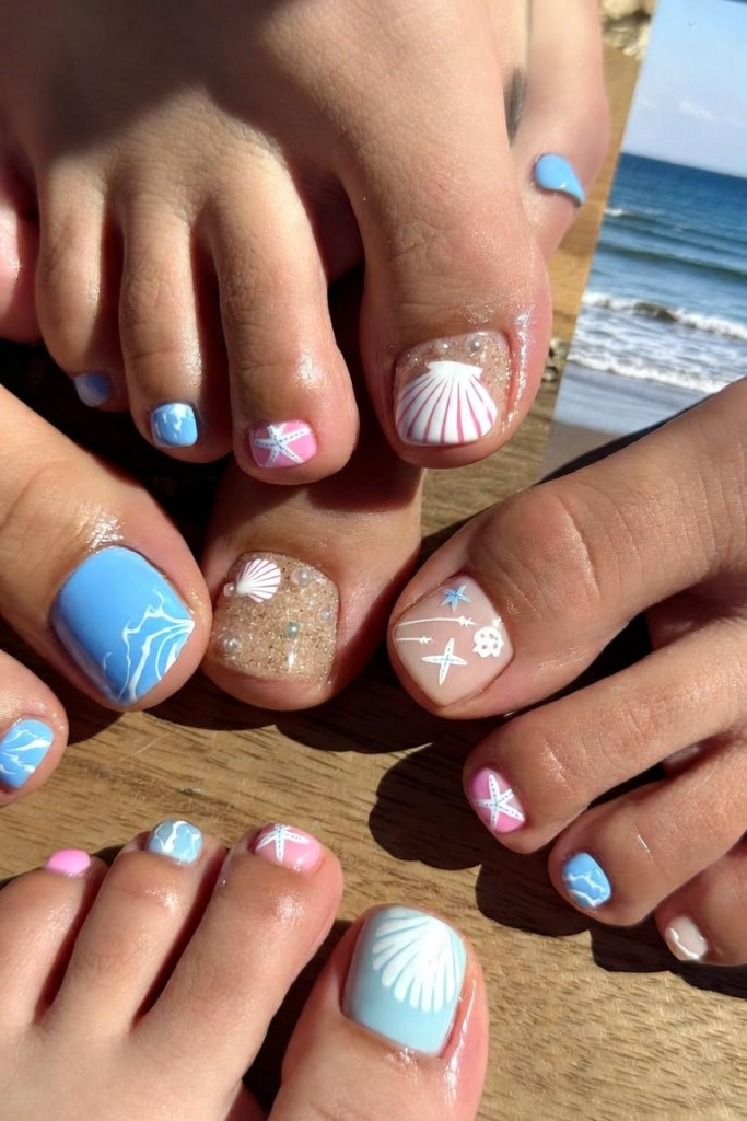 Beach-themed pedicure nail art with seashells and starfish