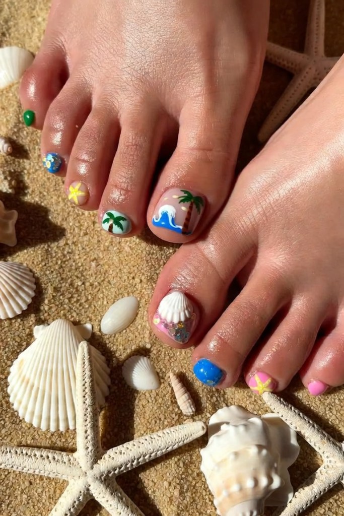 Beach-themed pedicure nail art with seashells and starfish