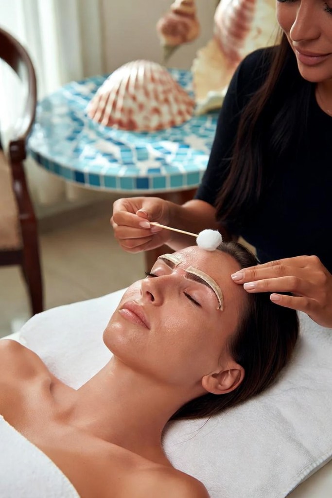 Esthetician applying eyebrow wax at a beach-themed spa